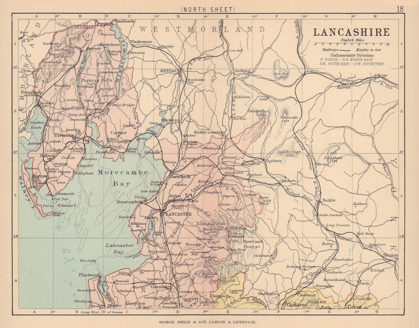 LANCASHIRE NORTH. Antique county map. Railways. PHILIP 1885 old